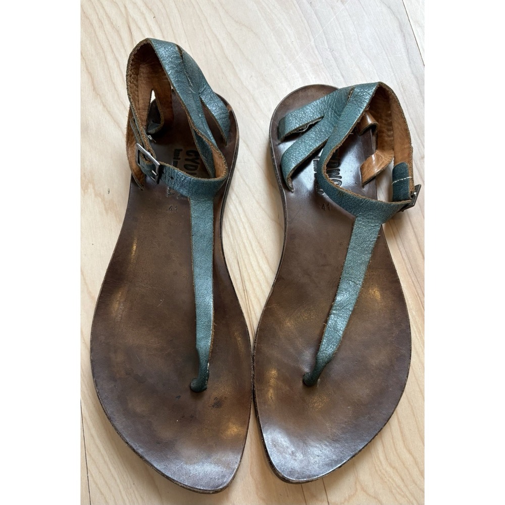 Cydwoq Teal Leather Thong T-Strap Sandals Women's 41 US 11 Handmade Bohemian